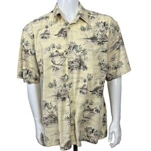 Vintage Hawaiian Shirt Hollis River L Tiki Island Palm Cotton Tropical Aloha Y2K